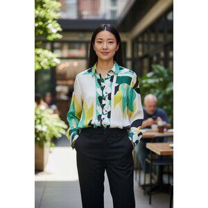 Zara Women's Long Sleeve Button-Up Blouse With Leaf Print Design Size L